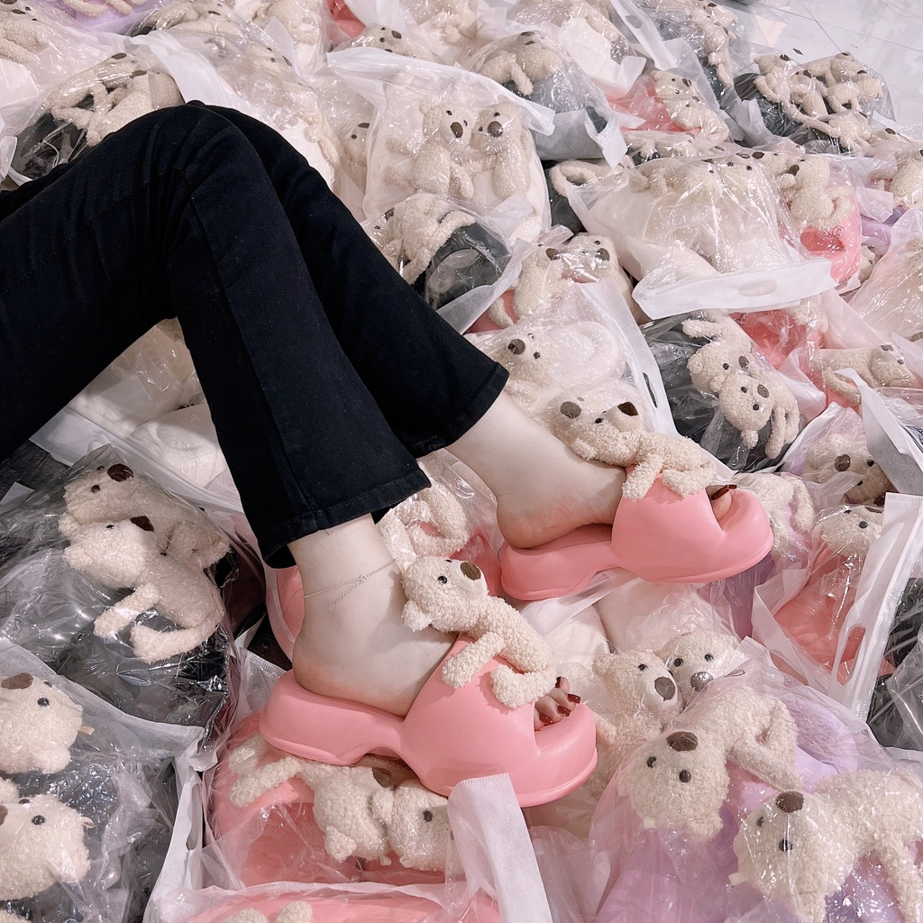 Dép bánh mì nữ đính gấu đế cao 4cm hàng QC cao cấp