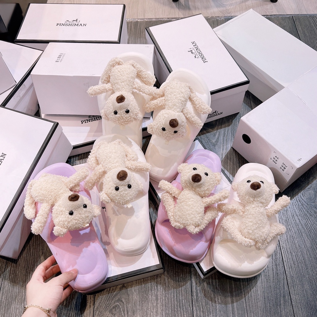 Dép bánh mì nữ đính gấu đế cao 4cm hàng QC cao cấp