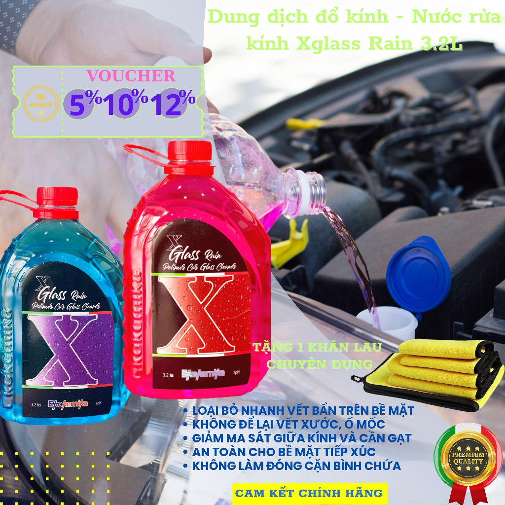 Nước rửa kính Dung dịch đổ kính Ô tô chính hãng Ekokemika Xglass Rain loại 3,2 lít