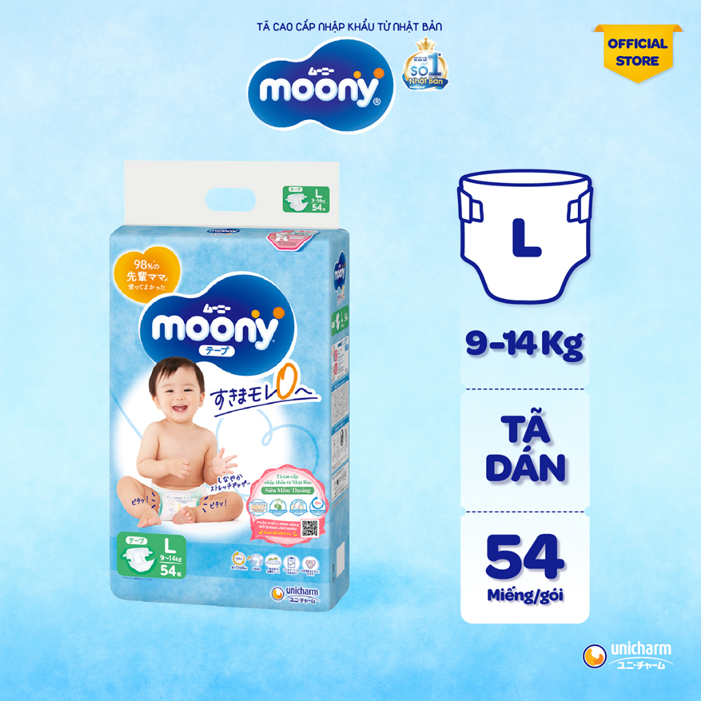 Tã dán cao cấp Moony S84/M64/L54 - Nhập khẩu từ Nhật Bản