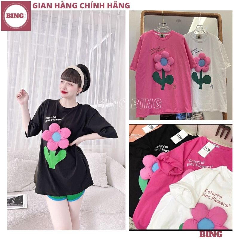 Áo phông nữ tay lỡ đính hoa nổi dễ thương dáng rộng thoải mái, Áo thun thời trang điệu đà kiểu dáng Hàn Quốc - BING
