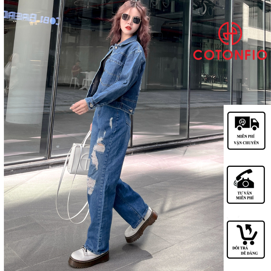 Áo khoác jean nữ xanh đậm dáng croptop jacket túi đắp thân sau rách thời trang freesize 6095 – Cotonfio