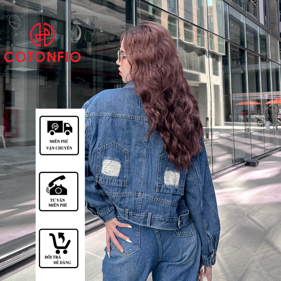Áo khoác jean nữ xanh đậm dáng croptop jacket túi đắp thân sau rách thời trang freesize 6095 – Cotonfio