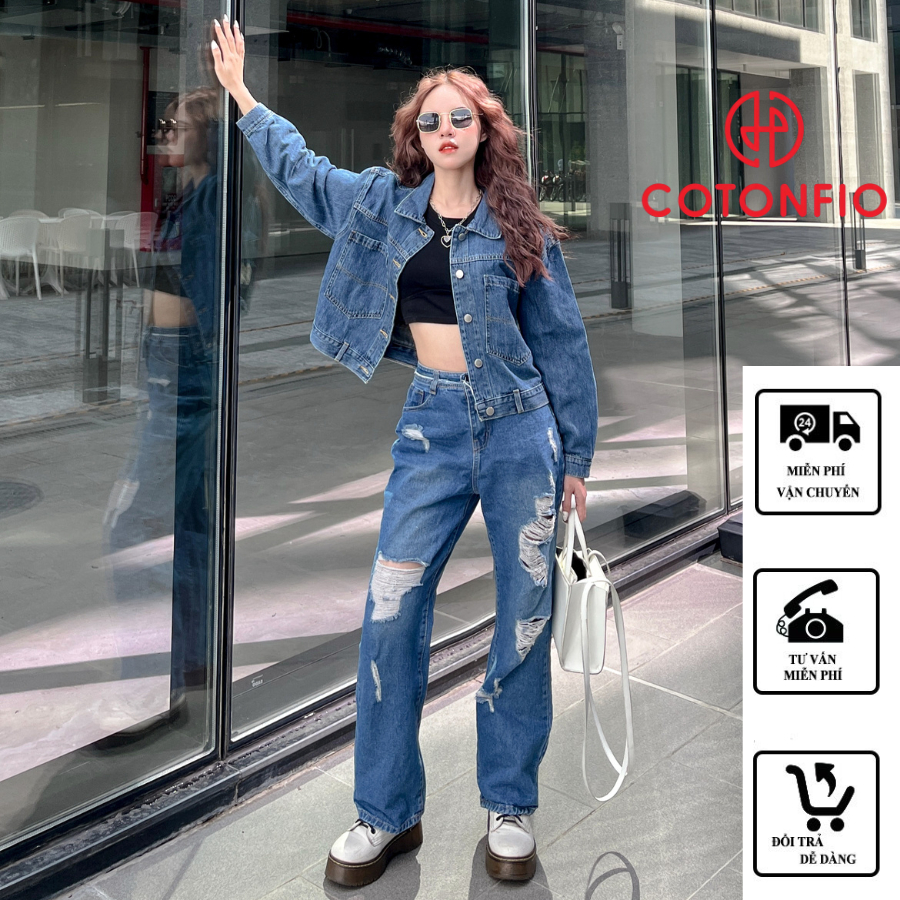Áo khoác jean nữ xanh đậm dáng croptop jacket túi đắp thân sau rách thời trang freesize 6095 – Cotonfio