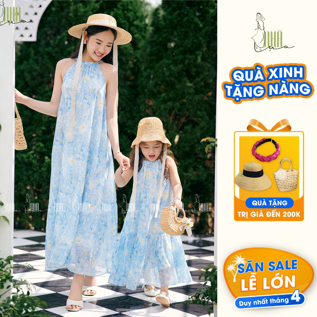 (Combo) Đẫm maxi hoa đi biển Hạ Thảo đồ đôi mẹ và bé gái - Đầm maxi dáng suông họa tiết hoa đi chơi đi du lịch CB04
