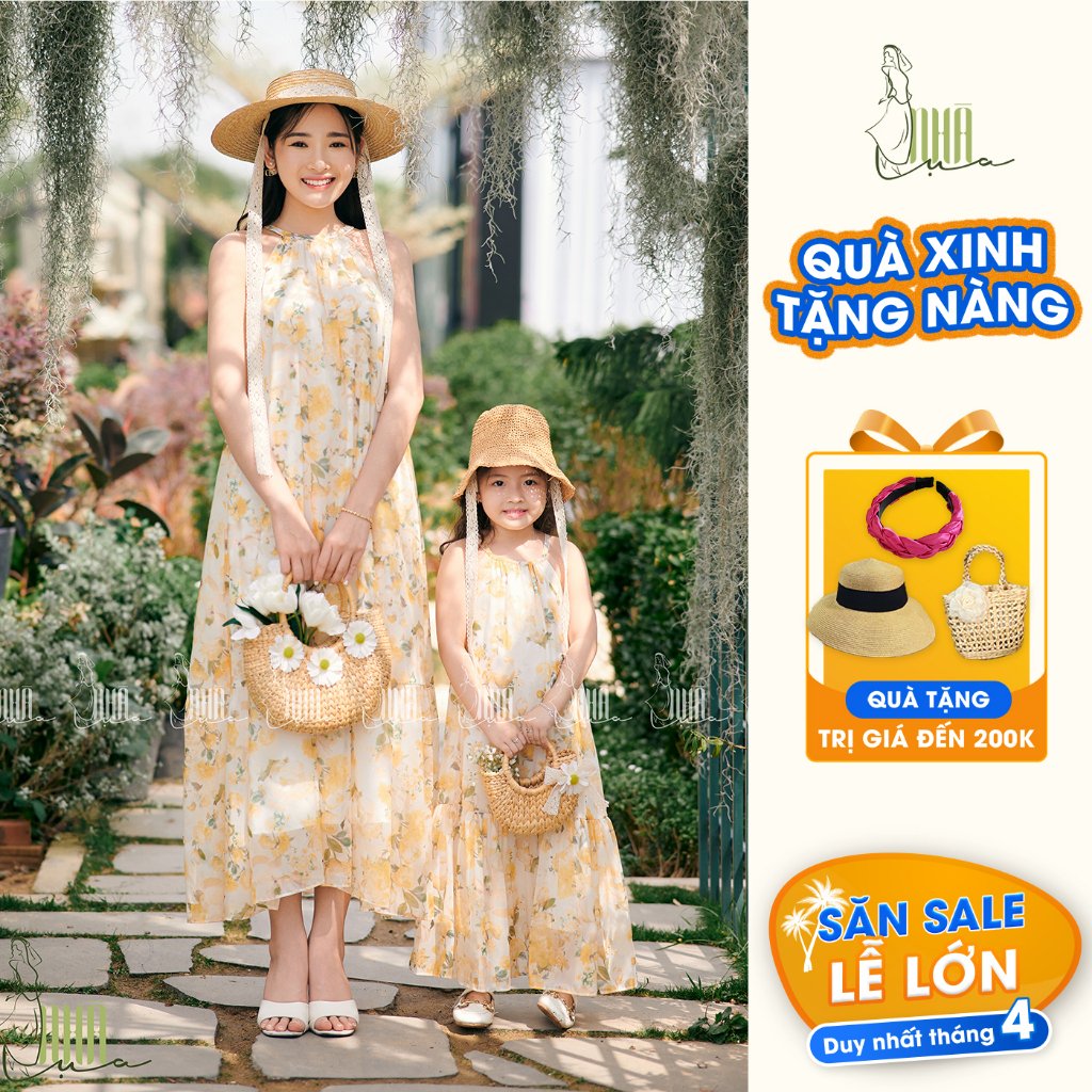 (Combo) Váy maxi hoa đi biển Hạ Thảo mẹ và bé gái dáng suông - Váy suông maxi form rộng đồ đôi mẹ và bé ngắn tay CB02