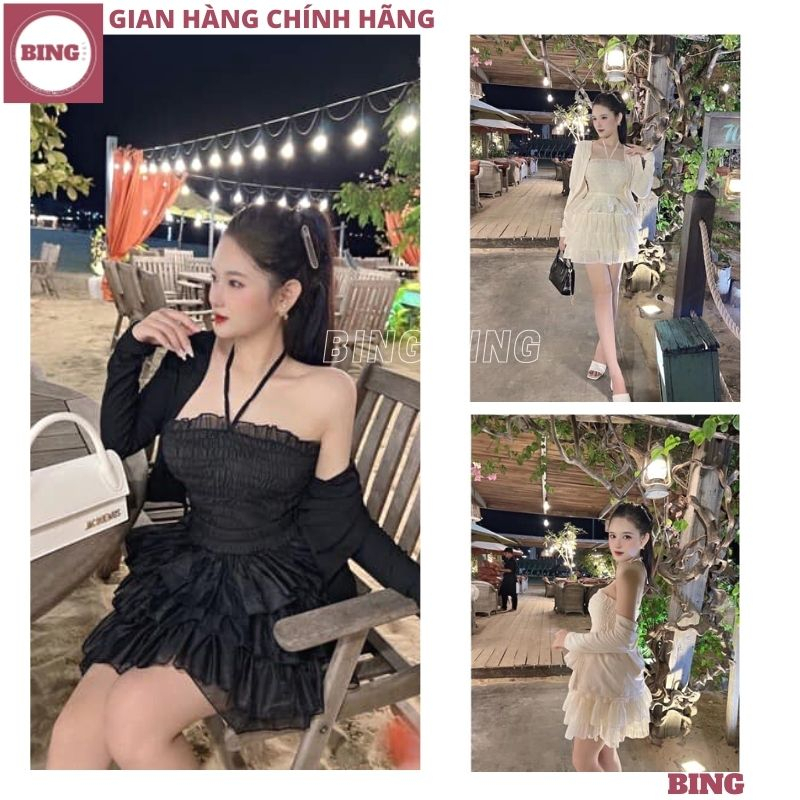 Set áo quây bo chun cổ yếm chân váy bồng xếp ly 5 tầng, Bộ áo ống bèo nhún voan tơ thời trang điệu đà gợi cảm - BING