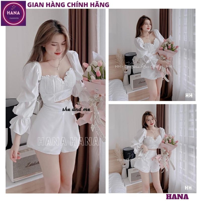 Set áo croptop trắng cúp ngực xếp ly vỏ sò tay bồng ống loe quần short rộng, Bộ 2 món áo trễ vai lưng chun kèm quần HANA
