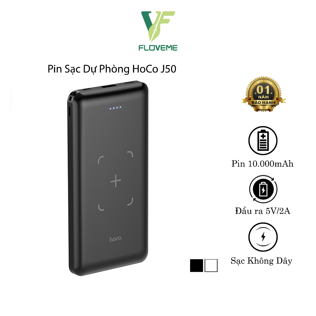 Pin Sạc Dự Phòng Hoco J50, Dung Lượng 10000mAh, Hỗ Trợ Sạc Không Dây, Chống Cháy Nổ, Đầu Ra 5V / 2A - Hàng Chính Hãng.