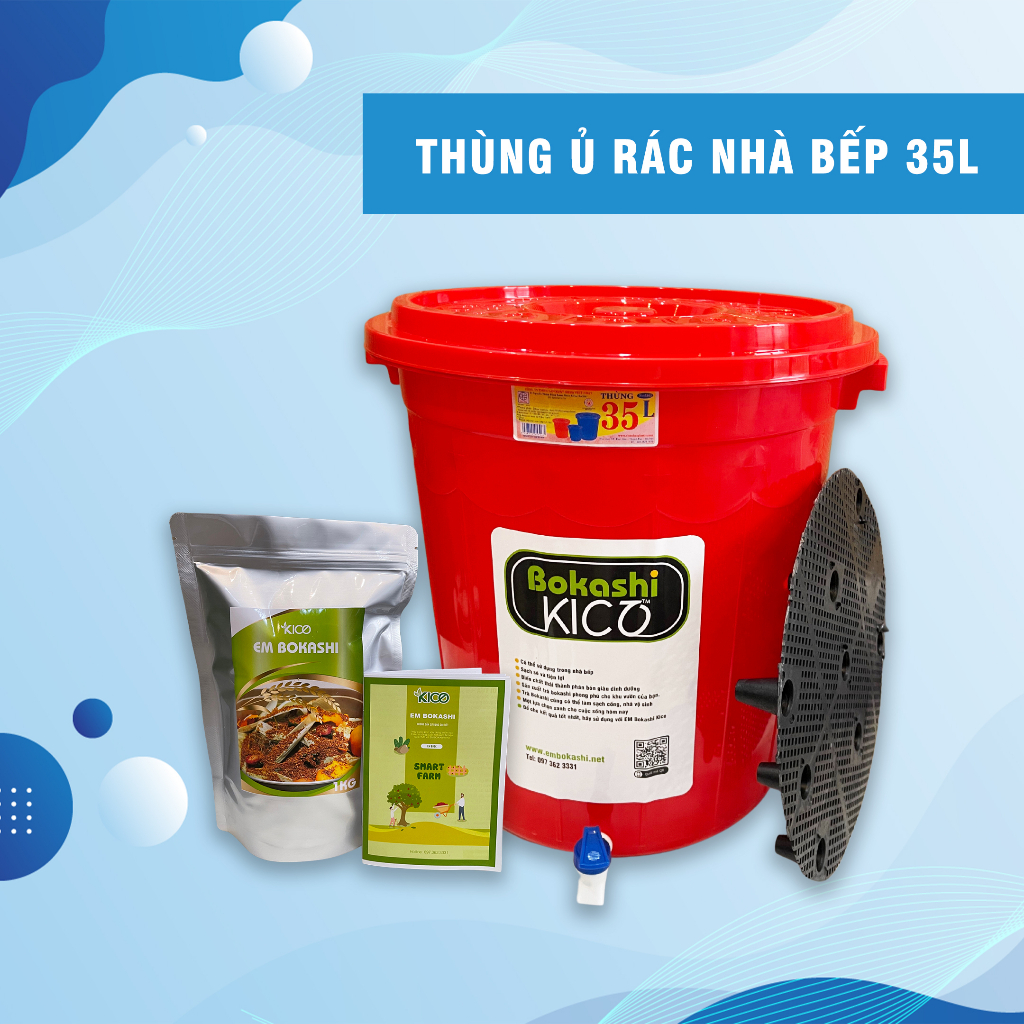 Thùng Ủ Rác Hữu Cơ 35L Kico - Tặng kèm 1Kg EM Bokashi