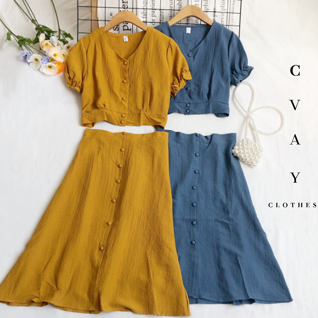 Set váy nữ Chân váy chữ A Set chân váy rời Áo Croptop Phong cách Hàn Quốc Hàng Ngày Chất liệu Xốp mát trẻ trung