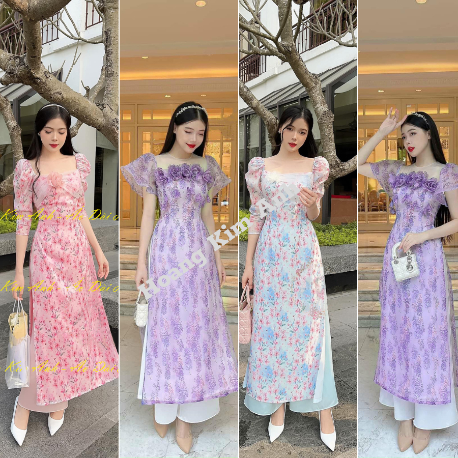 ÁO DÀI CÁCH TÂN NỮ 4 TÀ CỔ TRÒN PHỐI REN, IN HOA TAY BỒNG CÁNH TIÊN ĐÍNH HOA MAY SẴN MẶC TẾT MÀU HỒNG VÀ TÍM ADCT4TCT