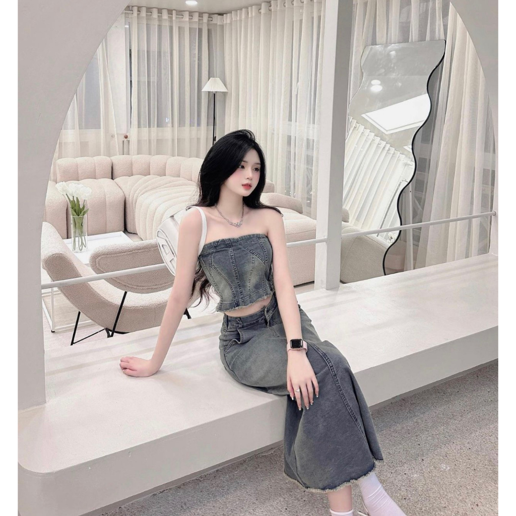 SET JEAN ÁO QUÂY CHUN LƯNG MIX CHÂN VÁY MIDI XOÈ