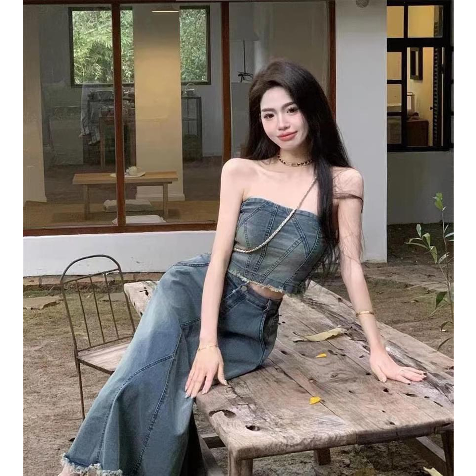 SET JEAN ÁO QUÂY CHUN LƯNG MIX CHÂN VÁY MIDI XOÈ