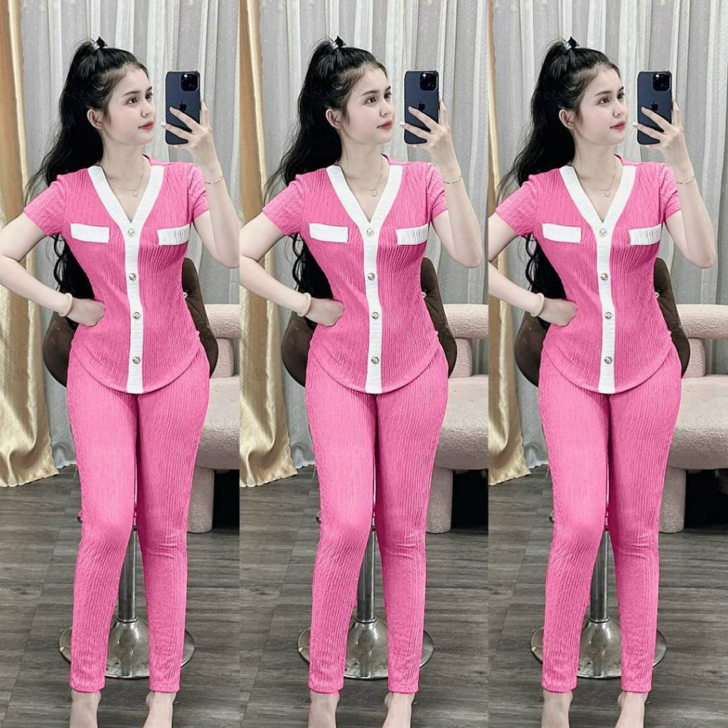 [5.5 Sales Freeship] Bộ thun xốp thời trang nữ mặc nhà, set bộ áo thun cổ v tay ngắn phối viền trắng mix quần ôm dài mtb