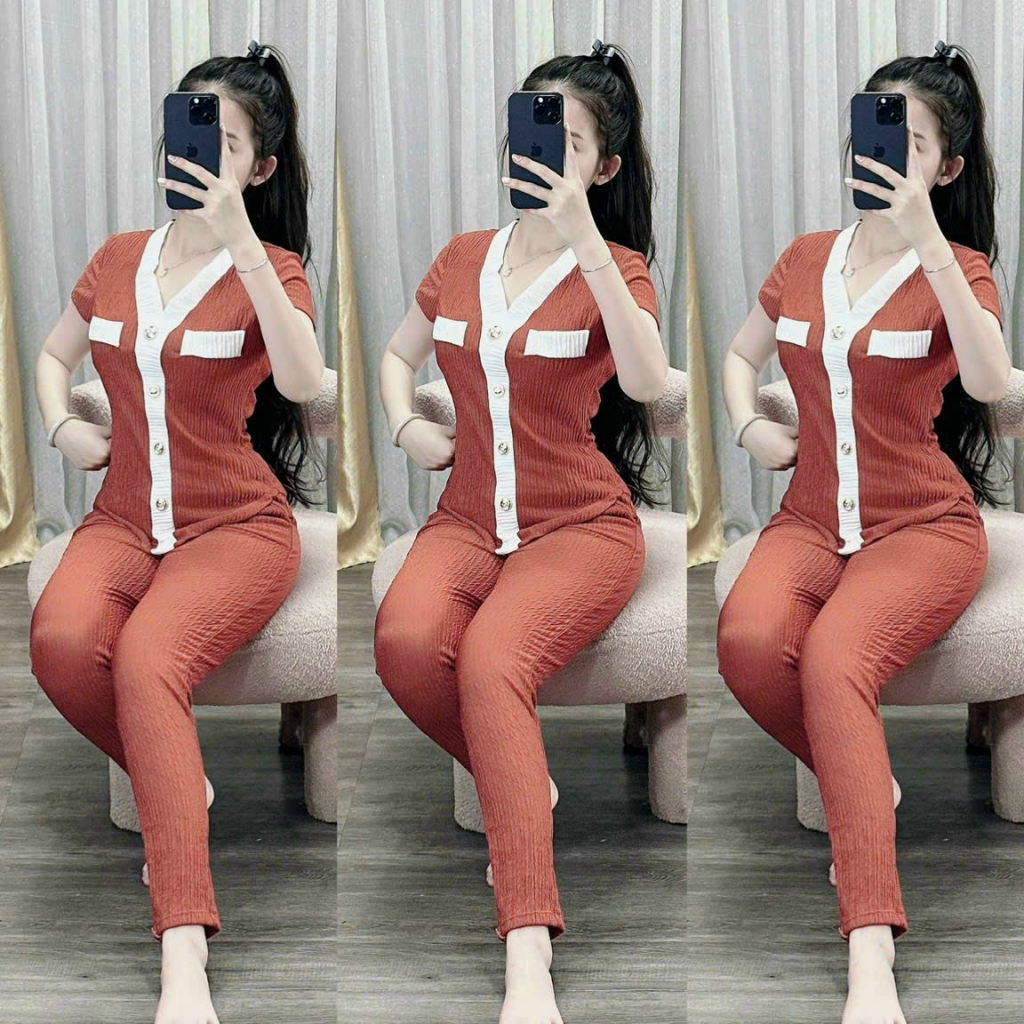 [5.5 Sales Freeship] Bộ thun xốp thời trang nữ mặc nhà, set bộ áo thun cổ v tay ngắn phối viền trắng mix quần ôm dài mtb