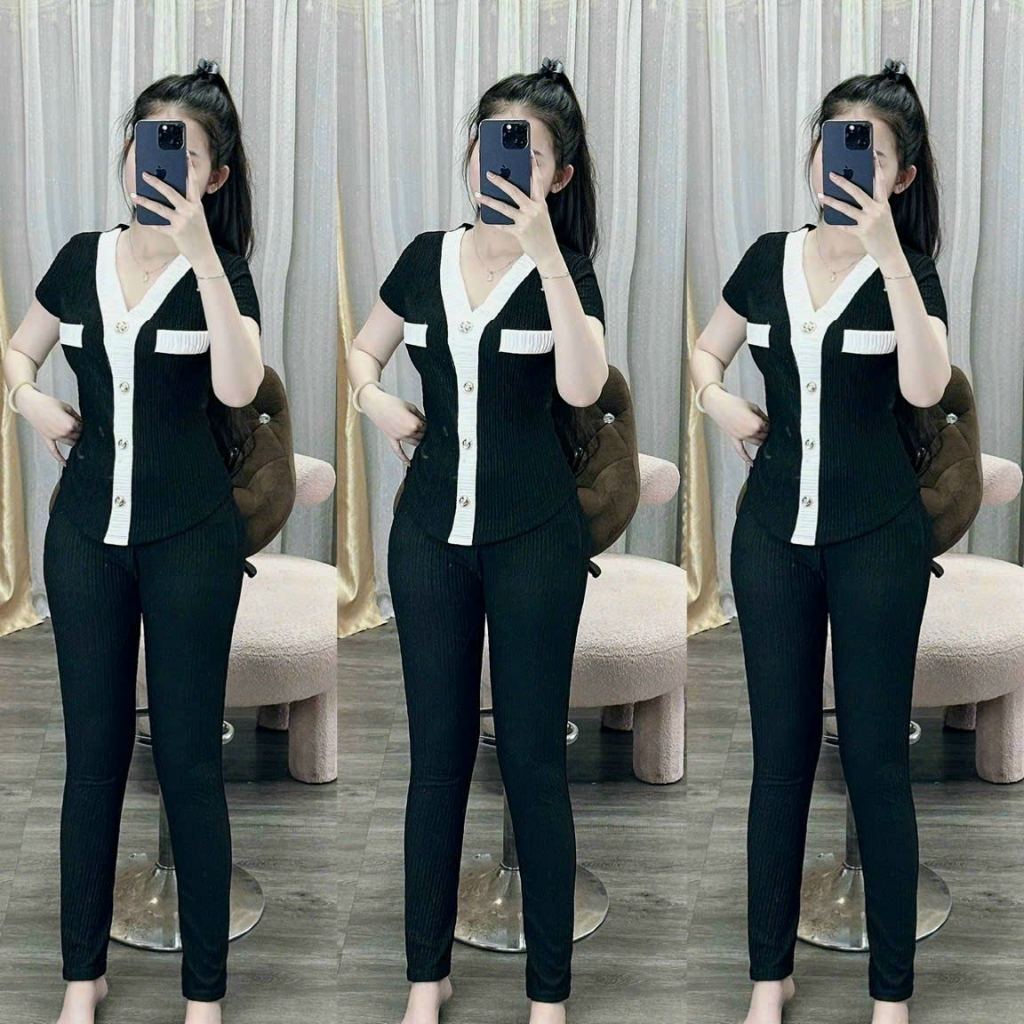 [5.5 Sales Freeship] Bộ thun xốp thời trang nữ mặc nhà, set bộ áo thun cổ v tay ngắn phối viền trắng mix quần ôm dài mtb