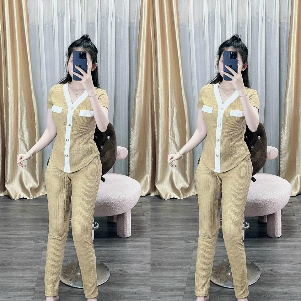 [5.5 Sales Freeship] Bộ thun xốp thời trang nữ mặc nhà, set bộ áo thun cổ v tay ngắn phối viền trắng mix quần ôm dài mtb