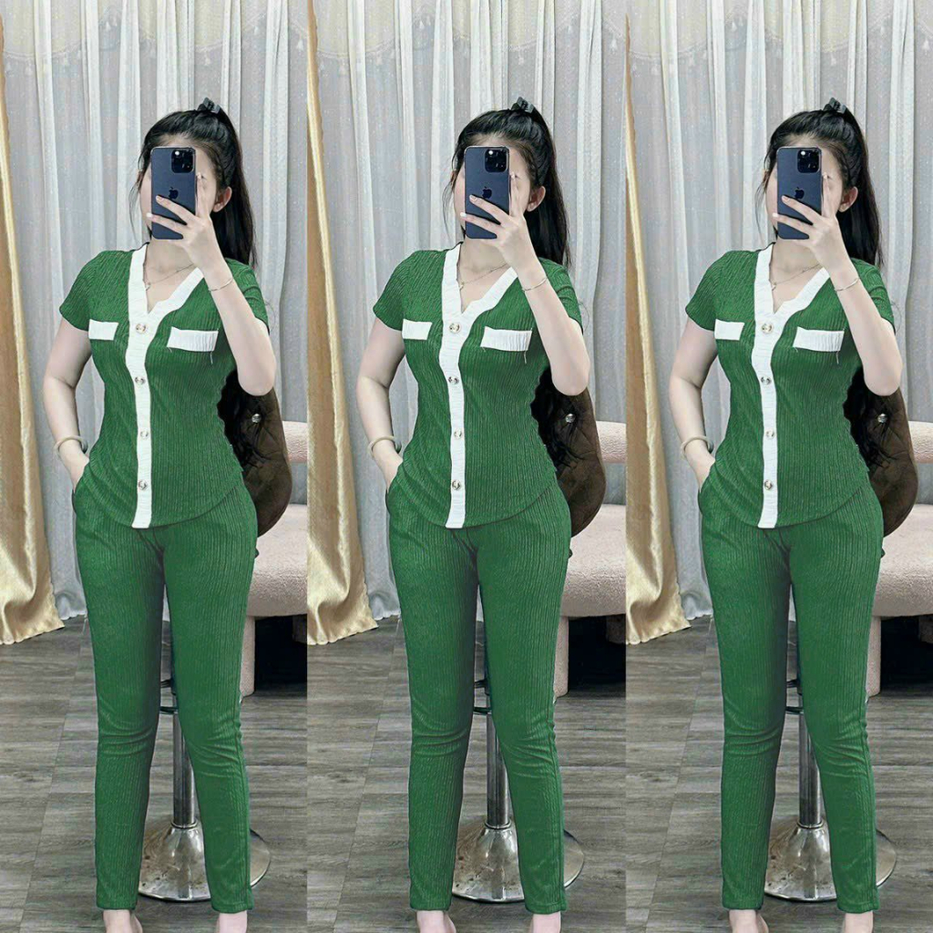 [5.5 Sales Freeship] Bộ thun xốp thời trang nữ mặc nhà, set bộ áo thun cổ v tay ngắn phối viền trắng mix quần ôm dài mtb