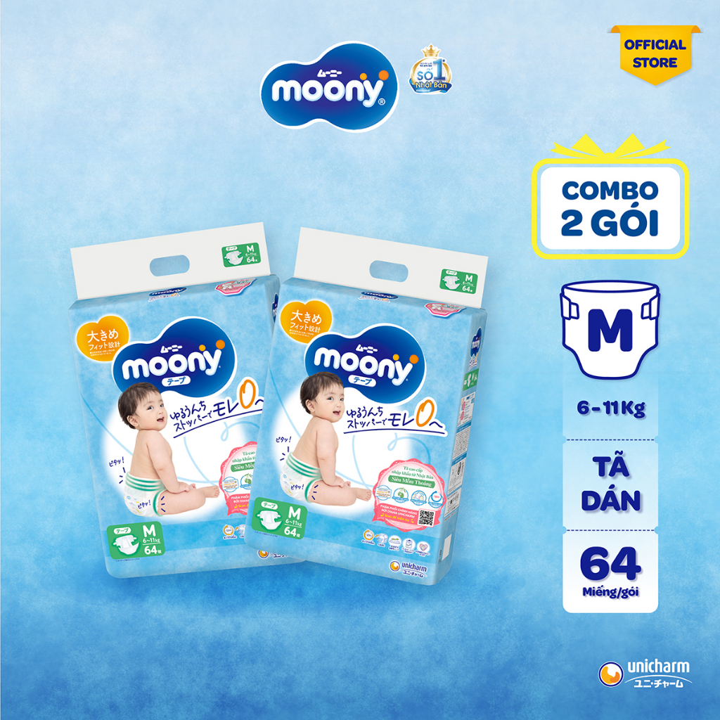 Combo 2 Tã dán cao cấp Moony S84/M64/L54 - Nhập khẩu từ Nhật Bản