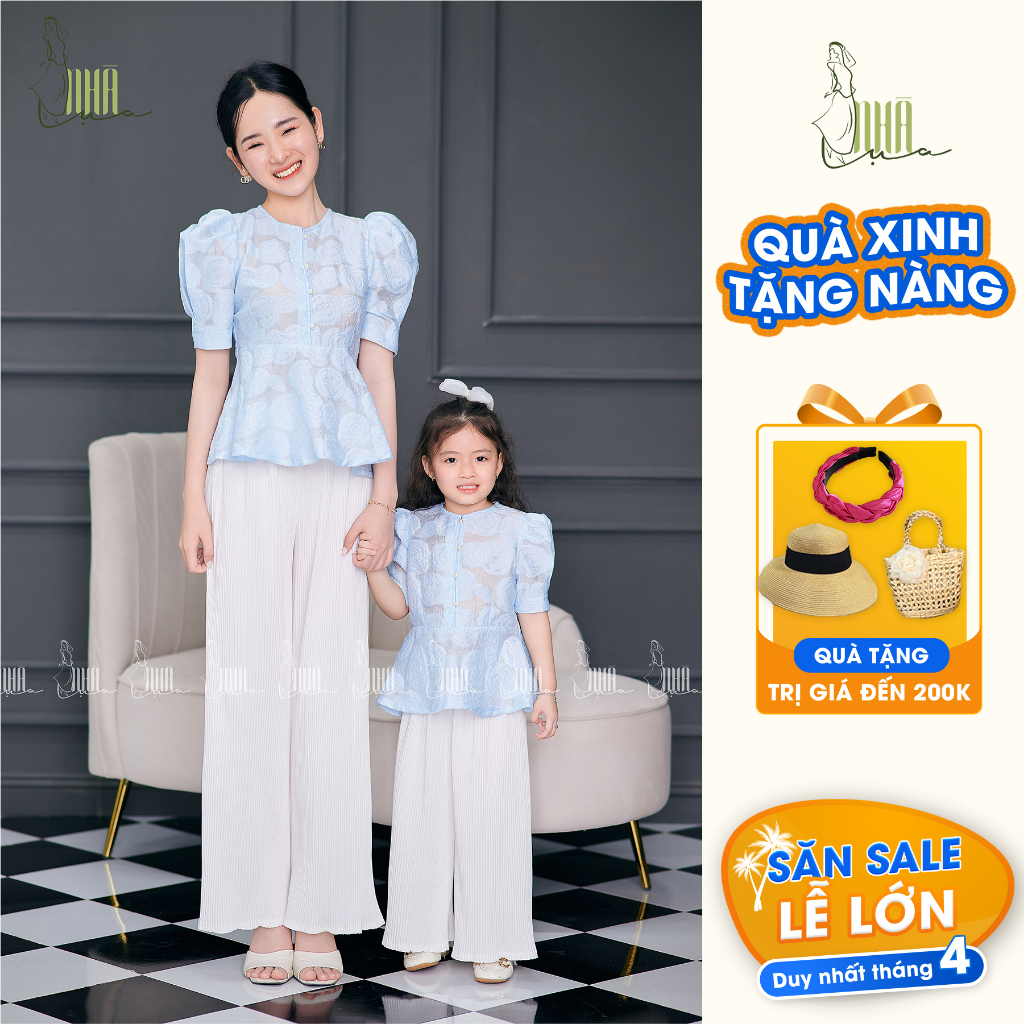 (Combo) Set đồ đôi mẹ và bé nữ Minh Châu sang chảnh mùa hè - Set váy đôi gấm tơ hoa hồng quần dài form rộng NHÀ LỤA kids