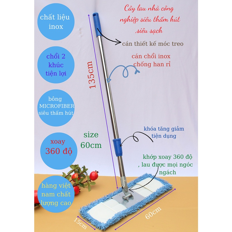 Chổi Lau Nhà Công Nghiệp, Chổi Lau Bông Dài 60cm Cán Xoay 360 Độ