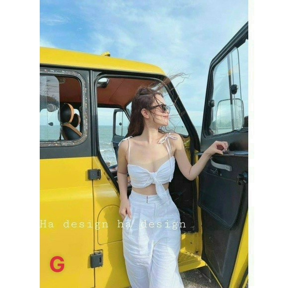 [5.5 Sales Freeship] Set bộ sơ mi đũi 3 món đi biển, set áo sơ mi tay dài kèm áo 2 dây cột nơ ngực quần dài ống rộng dx