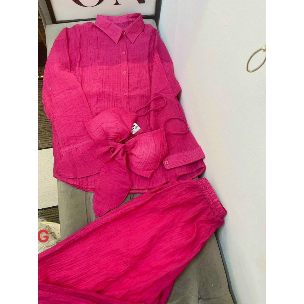 [5.5 Sales Freeship] Set bộ sơ mi đũi 3 món đi biển, set áo sơ mi tay dài kèm áo 2 dây cột nơ ngực quần dài ống rộng dx