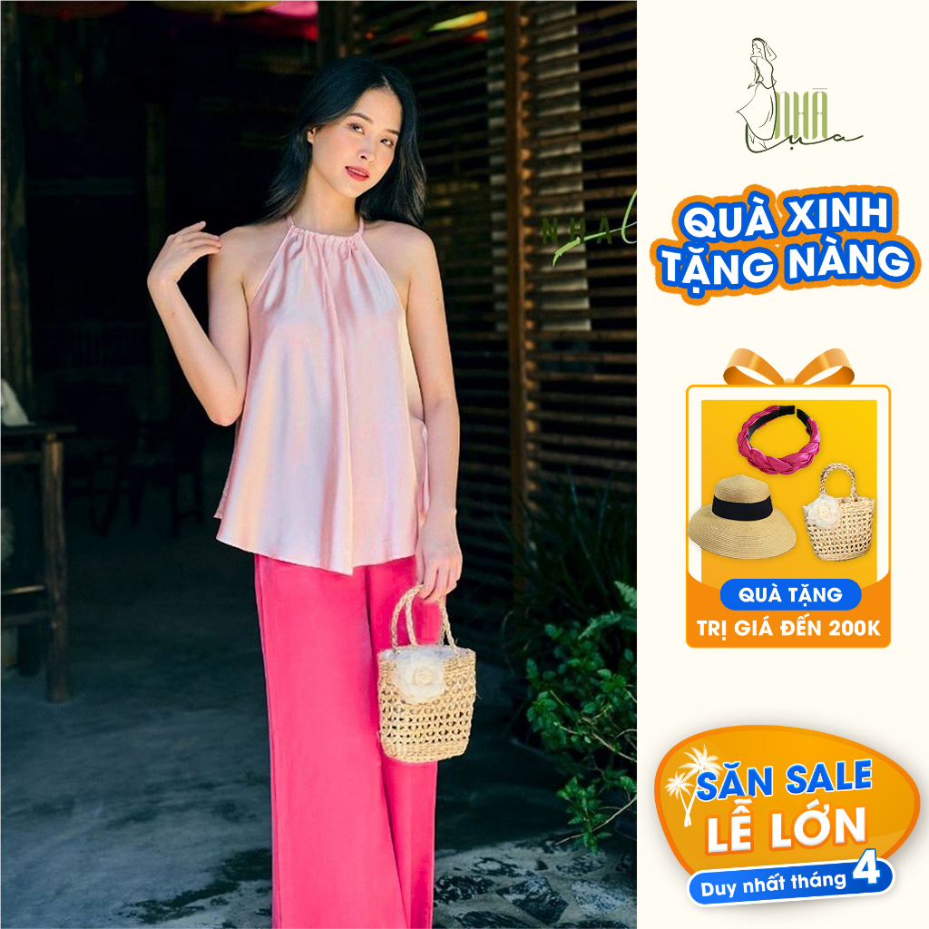 Set yếm đôi mẹ và bé gái Thanh minh lụa latin mùa hè - Đồ đôi mẹ bé cổ yếm du lịch, đi biển quần ống rộng Nhà lụa Kids