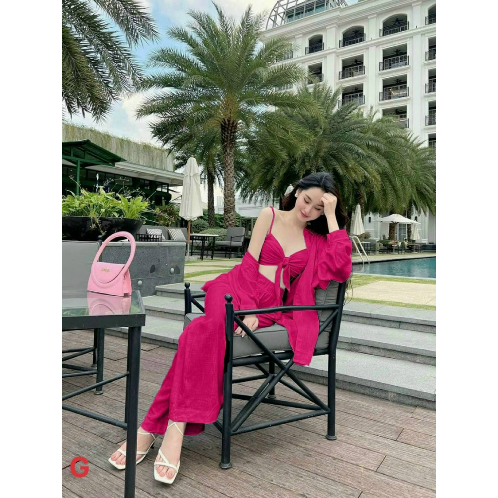 [5.5 Sales Freeship] Set bộ sơ mi đũi 3 món đi biển, set áo sơ mi tay dài kèm áo 2 dây cột nơ ngực quần dài ống rộng dx