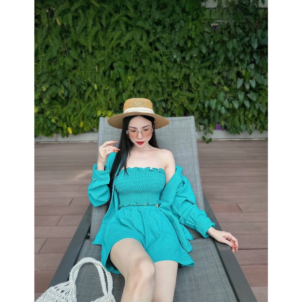 [5.5 Sales Freeship] Set bộ đũi sơ mi 3 món, set áo ống nhún cúp ngực mix quần short đùi kèm áo sơ mi tay dài đi biển
