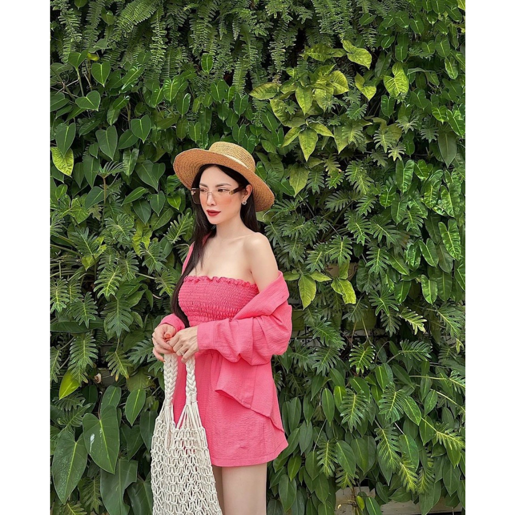 [5.5 Sales Freeship] Set bộ đũi sơ mi 3 món, set áo ống nhún cúp ngực mix quần short đùi kèm áo sơ mi tay dài đi biển