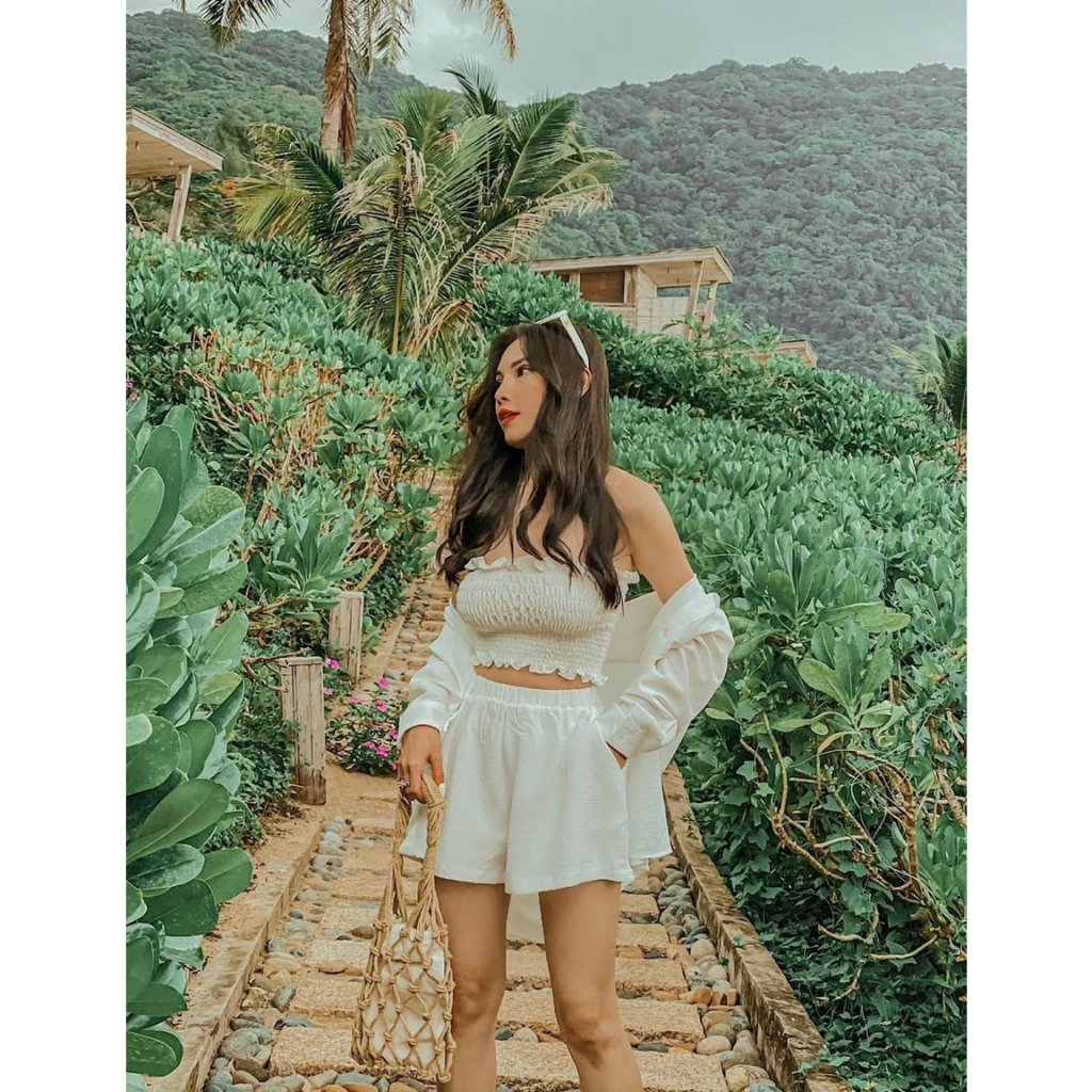 [5.5 Sales Freeship] Set bộ đũi sơ mi 3 món, set áo ống nhún cúp ngực mix quần short đùi kèm áo sơ mi tay dài đi biển