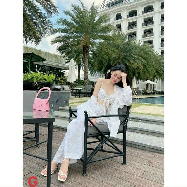 [5.5 Sales Freeship] Set bộ sơ mi đũi 3 món đi biển, set áo sơ mi tay dài kèm áo 2 dây cột nơ ngực quần dài ống rộng dx