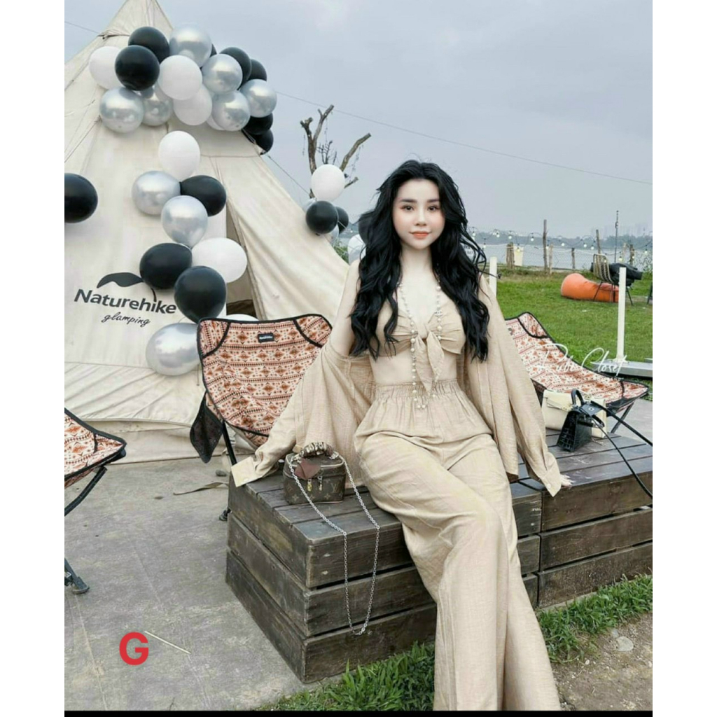 [5.5 Sales Freeship] Set bộ sơ mi đũi 3 món đi biển, set áo sơ mi tay dài kèm áo 2 dây cột nơ ngực quần dài ống rộng dx