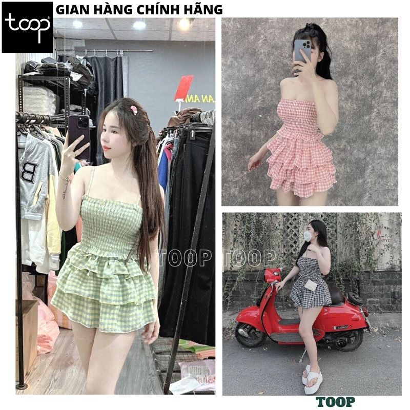 Set áo quây croptop kèm chân váy kẻ xếp ly bánh bèo, Áo ống ôm body phối váy xếp tầng điệu đà sexy thời trang - TOOP
