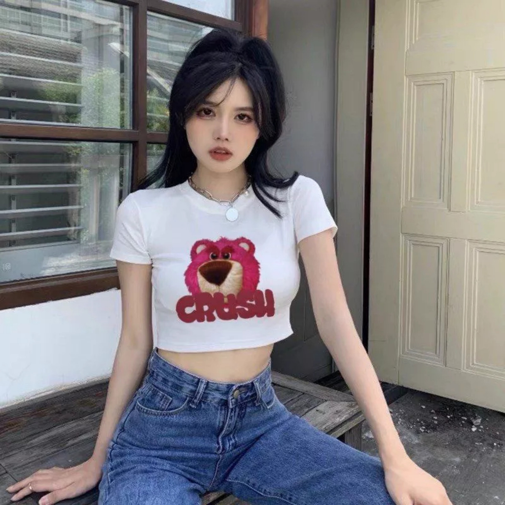 Áo Croptop Ôm Body Nữ Cổ Tròn Tay Ngắn Họa Tiết