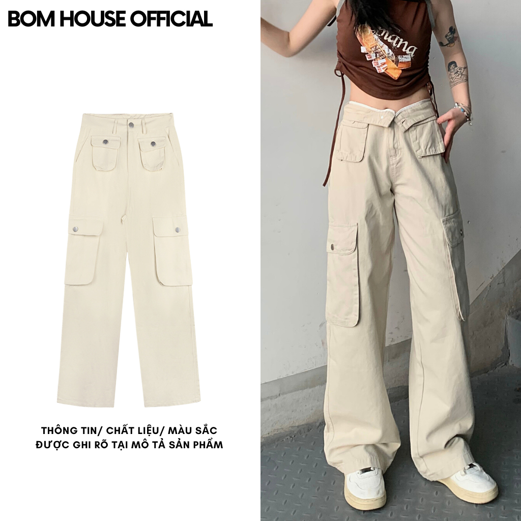 Quần Dài Ống Rộng Túi Hộp Kaki Cạp Cao Nam Nữ Unisex Bomhouse