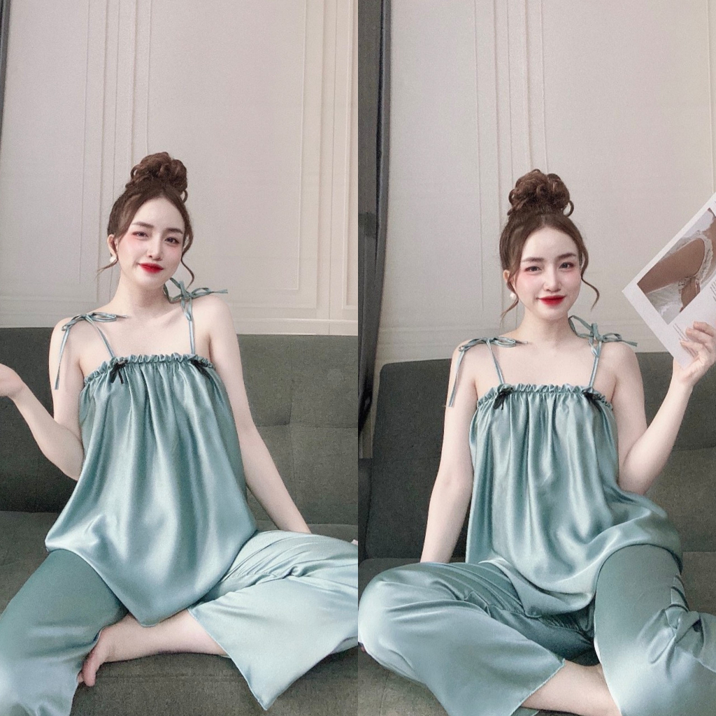 set bộ 2 dây quần dài sexy, đồ ngủ nữ vải satin freesize 54kg - CN09