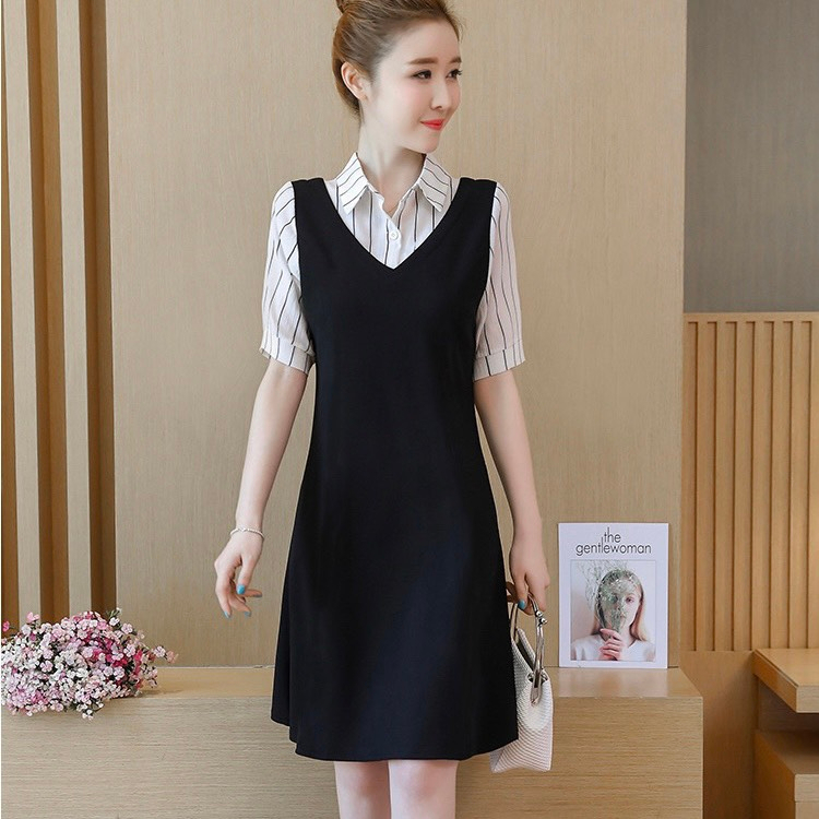 Đầm bầu công sở yếm liền áo kẻ MISS RITA Đầm bầu tay cộc cổ đức dáng công sở