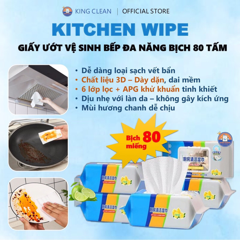 Khăn ướt lau bếp đa năng, giấy ướt lau vệ sinh nhà bếp, bát đĩa, an toàn cho tay - King Clean