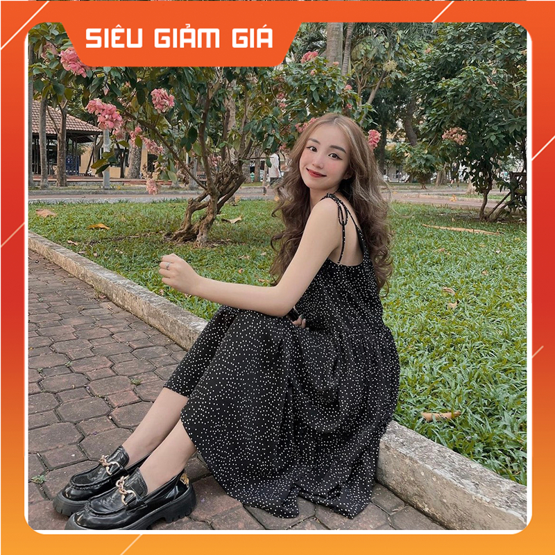 Đầm Babydoll 2 Dây Buộc Nơ Chấm Bi Màu Đen Hàng Quảng Châu M68101 - Teen888