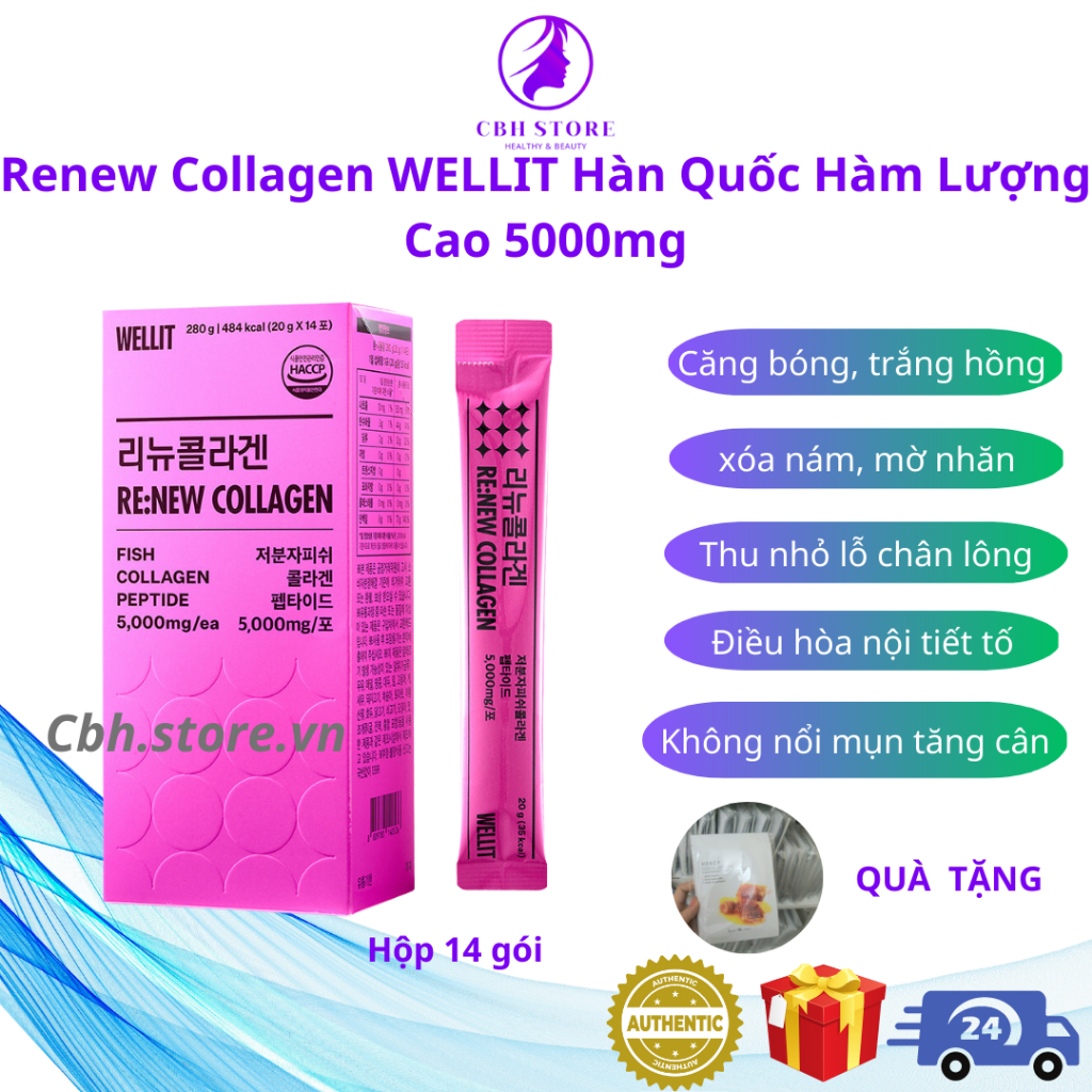 Renew Collagen WELLIT Hàn Quốc Hàm Lượng Cao 5000mg ,Tái tạo Trẻ hóa da săn chắc, ngăn rụng tóc [ 1 hộp 14 gói ]