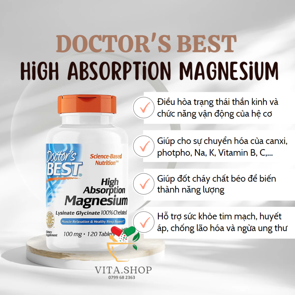 Doctor's Best High Absorption Magnesium Chelated 200mg - Viên Uống Bổ Sung Magie 120 viên