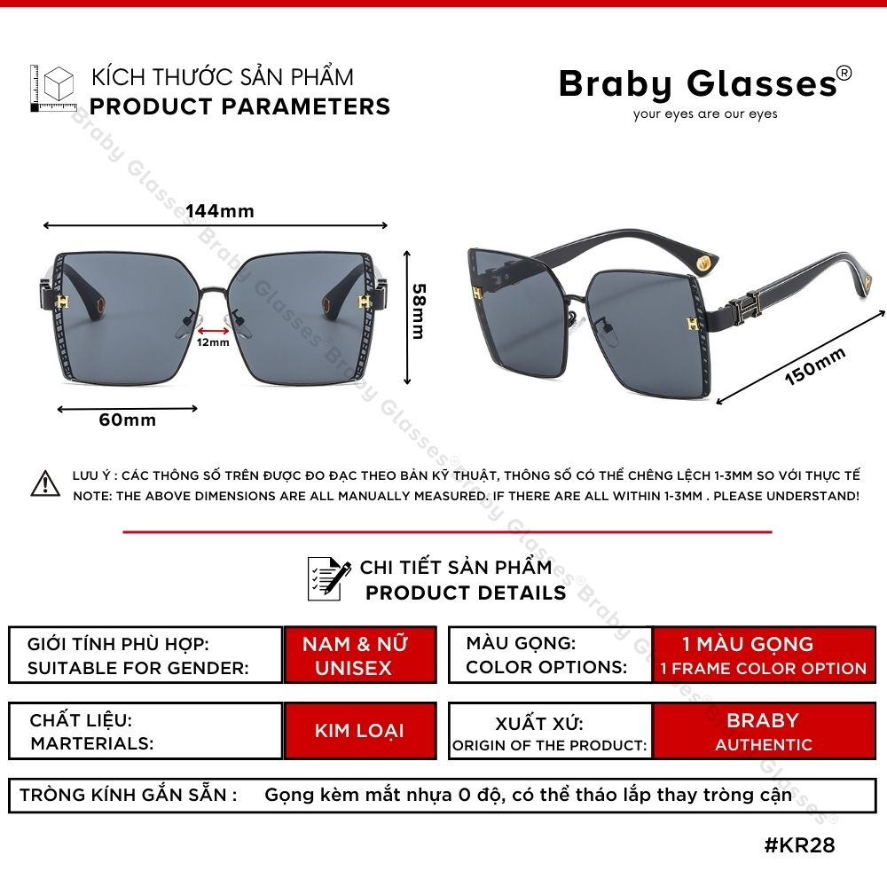Kính râm mát nam nữ mắt vuông chống tia UV thiết kế sang trọng Braby Glasses gọng kim loại họa tiết cao cấp KR28