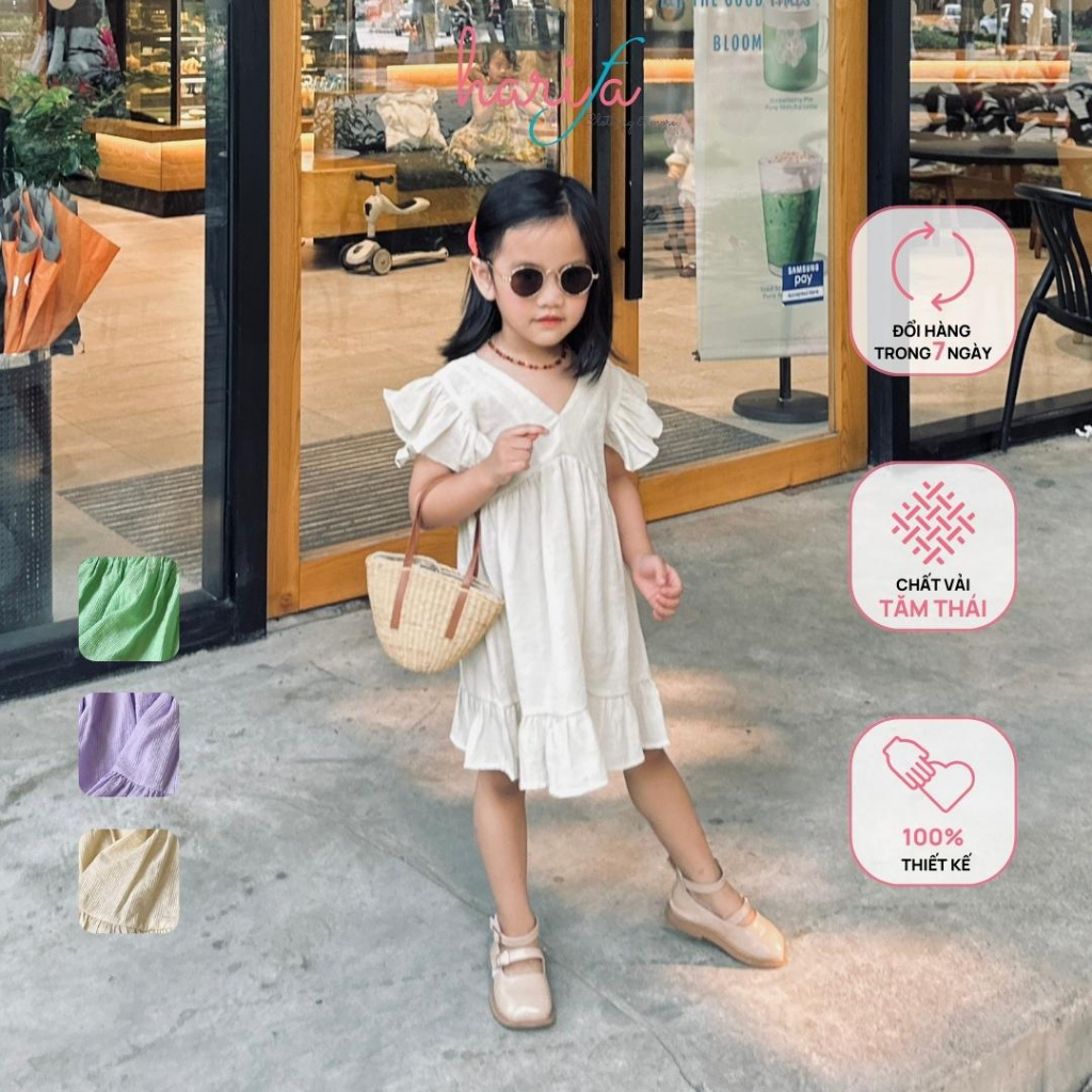 Váy đầm cánh tiên đi biển mùa hè 2023 cho bé gái - 3 màu trang nhã - cổ tim - vải Tăm Thái - từ 1 đến 6 tuổi - VT097