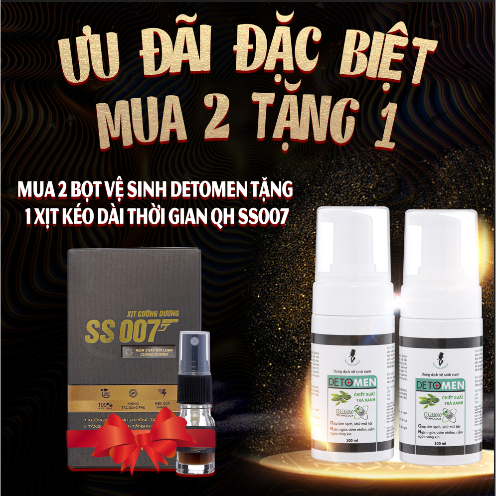 Combo ưu đãi Dung dịch vệ sinh nam tạo bọt Detomen 100ml -Tặng chai xịt tăng cường sinh lý nam kéo dài thời gian SS007