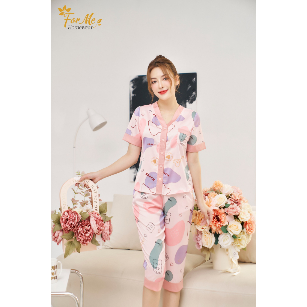 Bộ Lụa Ngắn Tay Quần Lửng TRÁI TIM HỒNG 32, ForMe Pijamas