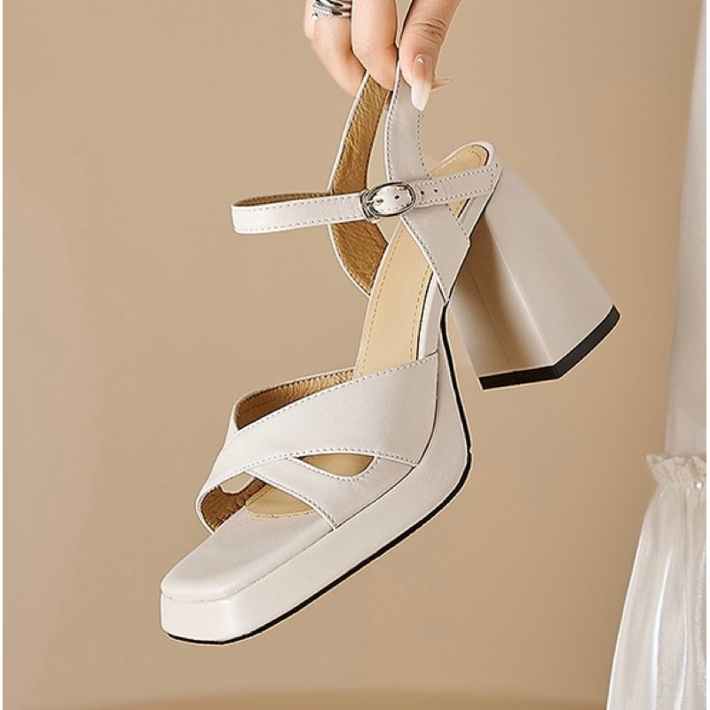 ORDER 💗 Giày quai chéo da trơn , nhung nhã nhặn gót vuông 9cm 34-39