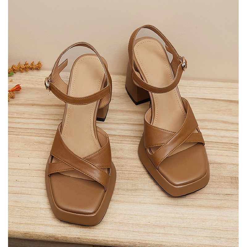 ORDER 💗 Giày quai chéo da trơn , nhung nhã nhặn gót vuông 9cm 34-39